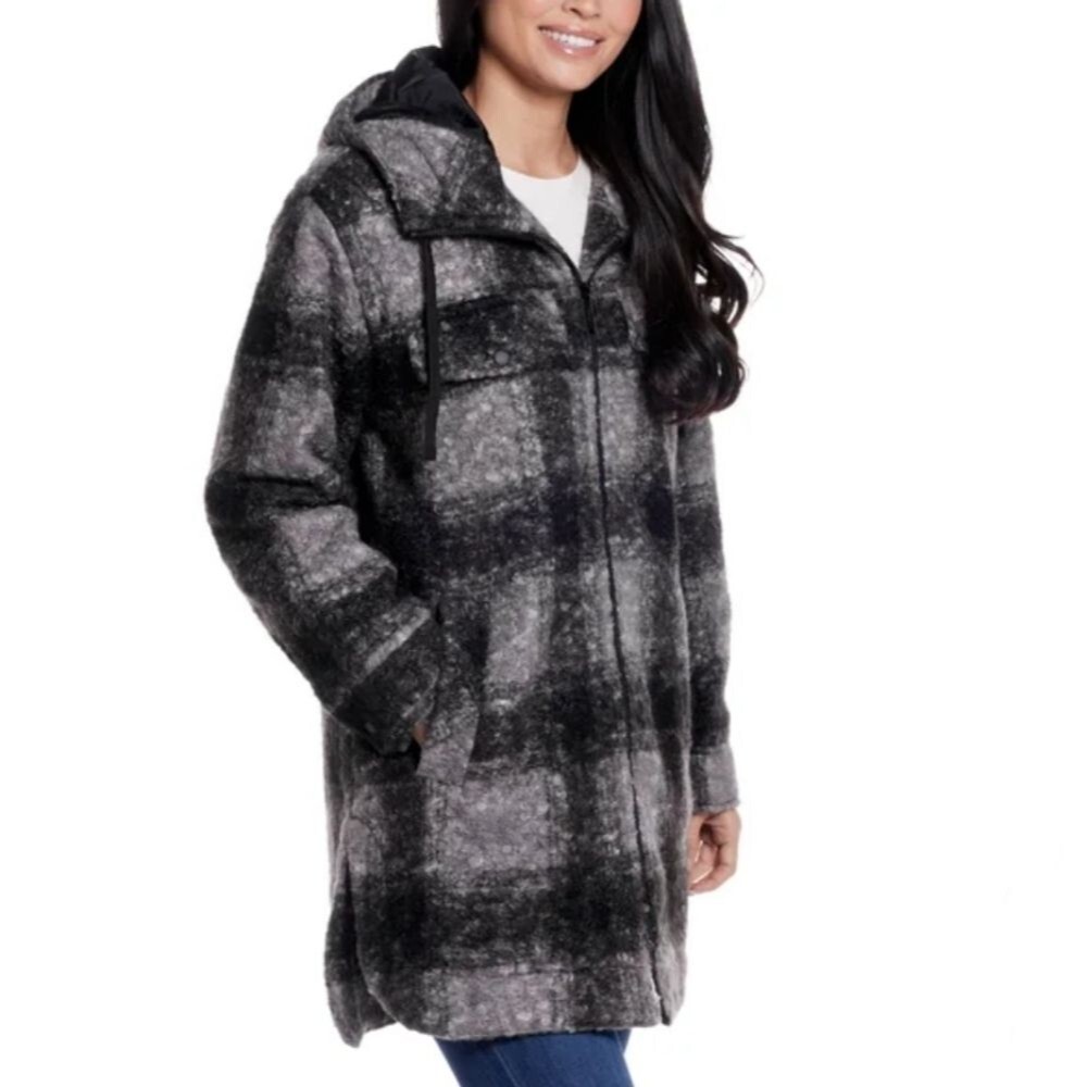 Weatherproof Women's Soft Boucle Hooded Long Jacket Black Plaid Heavyweight XS - Picture 3 of 16